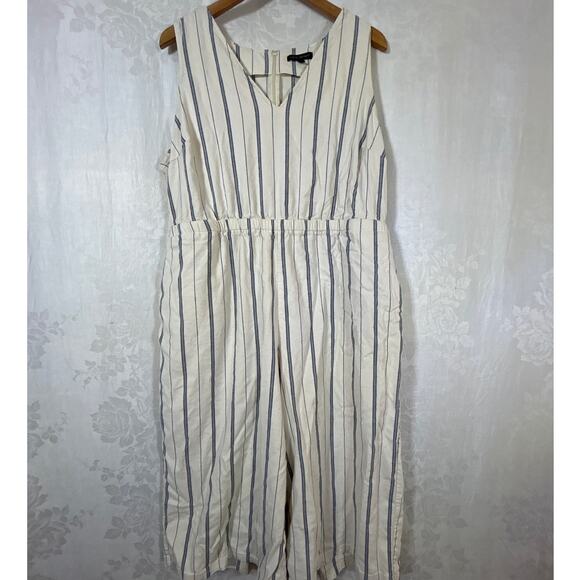 Lane Bryant Jumpsuit 18 PETITE Beige Blue Striped Belted Cropped Wide Leg Linen - Picture 1 of 15